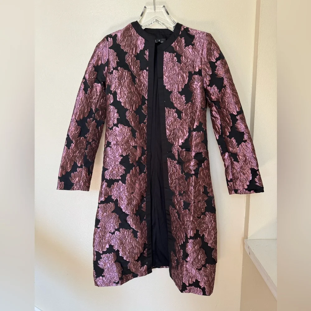 Lulus Mayia Black & Purple Jacquard Floral Print Long Jacket - Picture 5 of 7